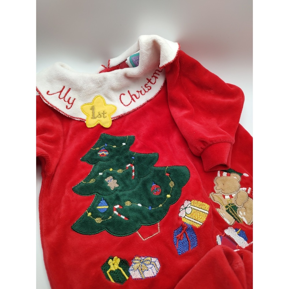 Vtg My First Christmas 9 Months Red Velour 1990s Baby Footie One Piece‎ Pajamas